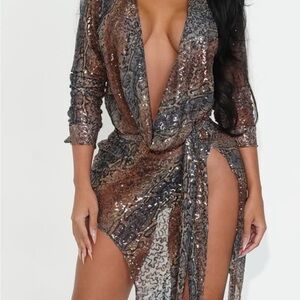 Elegant Sequin Wrap Mini Dress - Black and Brown